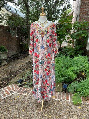 Soft Surroundings Ipanema Embroidered Beaded Kaftan Maxi Dress Sz M